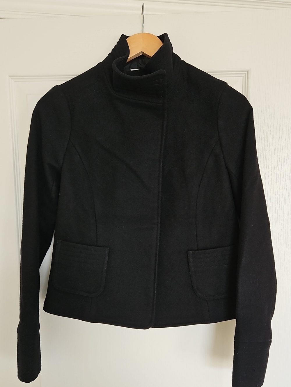 Old Navy Black Wool Blend Cropped Funnel-Neck Pea Coat-XS